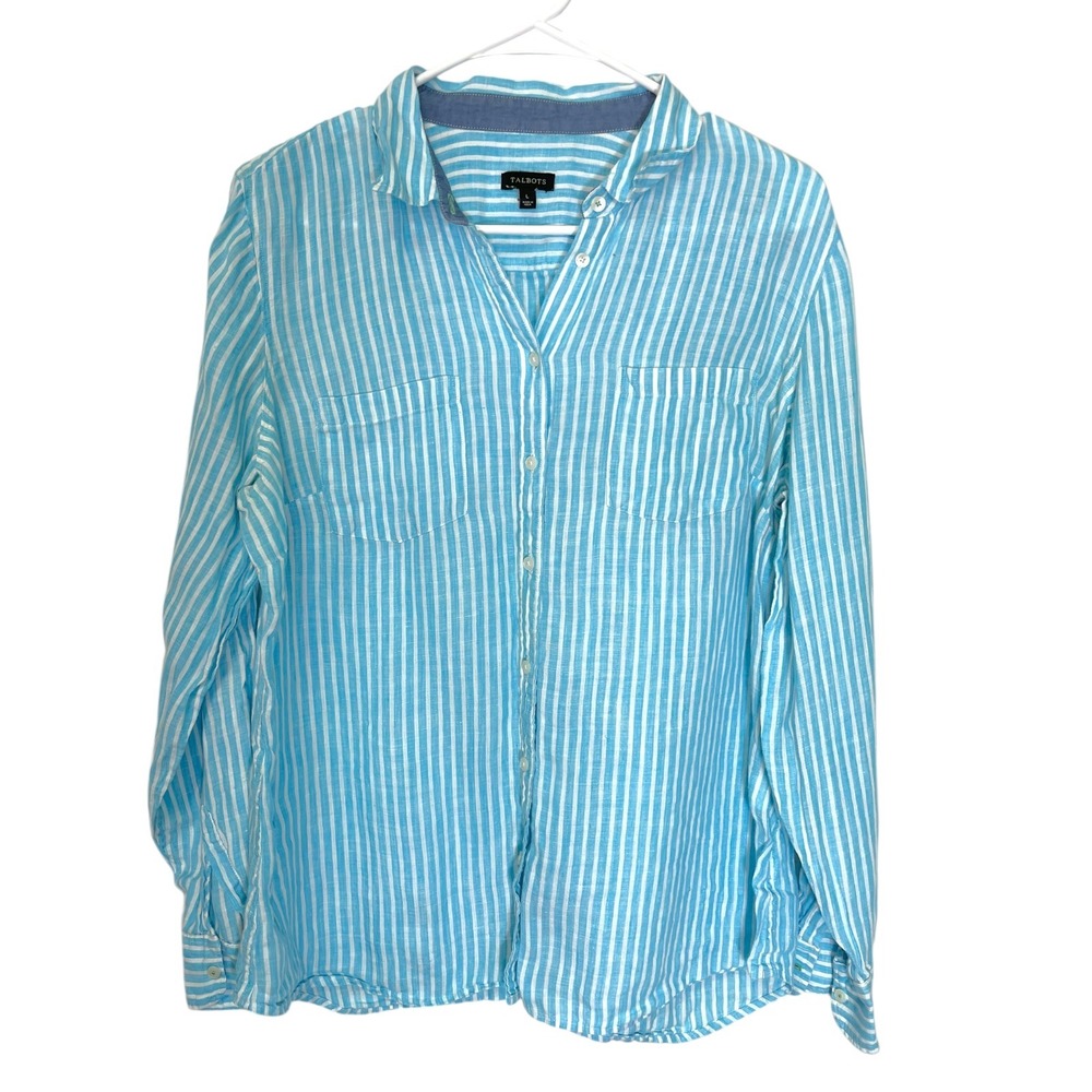 Talbots Large Blue Striped Linen Button Up Shirt Long Sleeve Coastal Preppy - Picture 2 of 8
